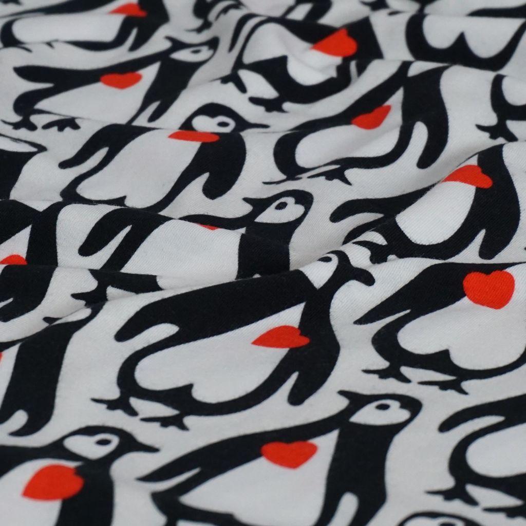 Baumwolljersey Pinguine mit Herz schwarz weiß rot